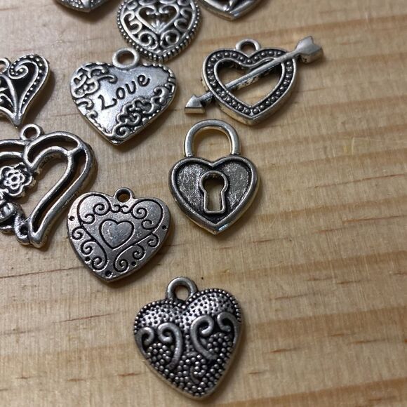 Lot of 10 Heart Silvertone Charms, Decor, Jewelry Making, Scrapbooking, Bracelet - Picture 2 of 4